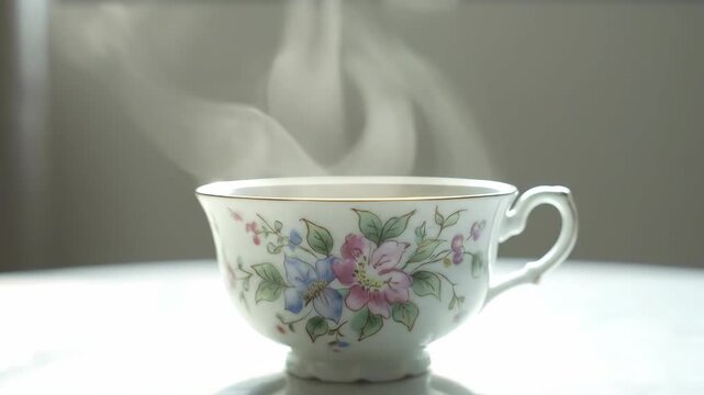 A close-up shot of a delicate teacup decorated with floral patterns with steam