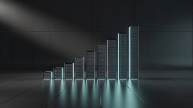 Glass bar chart in a dark room symbolizing data center power usage and energy efficiency with illuminated server-rack like columns and rising consumption.