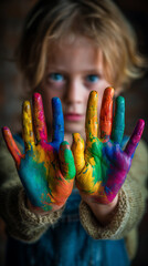 Child drawing rainbow paint on hand, Showing painting the colorful rainbow on hands. Creative kid playing and studying, Education, Learning, Knowledge, Creative