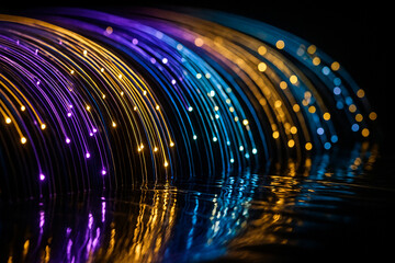 Golden and blue glittering arcs curving like a city light panorama captured with long exposure.