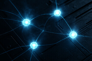 Clustered bright nodes and linking lines forming a tech constellation, suggesting data networks and connectivity.