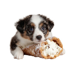 Cute puppy holding donut on transparent background