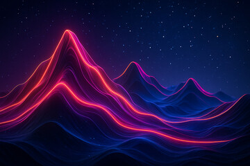 Twin peak neon wave ridges in red and violet with deep shadows, suggesting stylized topographic energy.