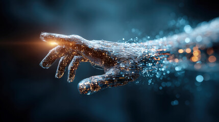 Futuristic digital human hand reaching out made of glowing data particles and high tech neural networks representing artificial intelligence and advanced virtual reality connection in cyberspace