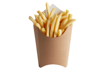 French fries in brown paper bucket on transparent background
