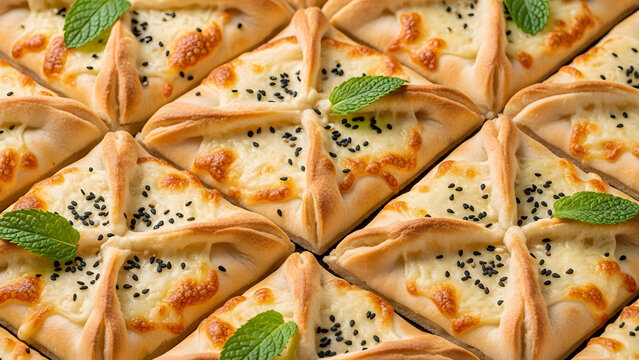 Freshly baked square cheese pastries with black seeds and mint garnish, savory bakery food pattern background, delicious cheese fatayer cut into triangular slices