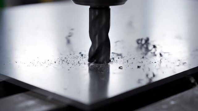 A high-angle close-up shot of a drill bit in operation on a metal surface, with drill shavings being generated