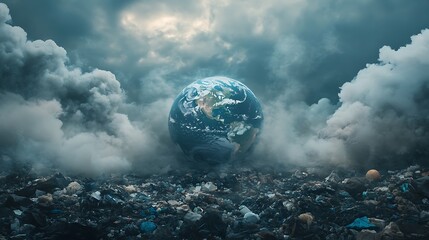 Earth surrounded by trash and pollution in a dramatic environmental image