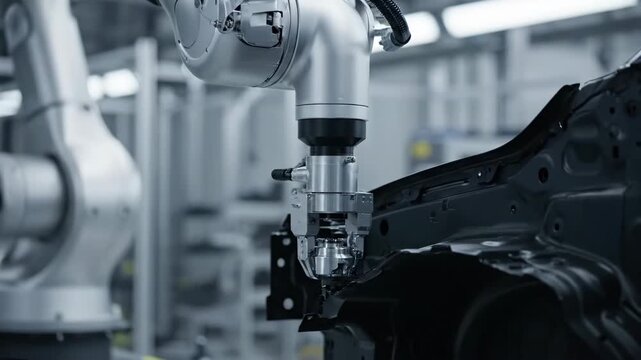 A close-up view showcasing an industrial robotic arm interacting with car components. The metallic arm precisely works on the vehicle's structural frame