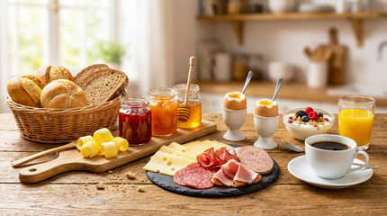 Delicious breakfast spread with bread, eggs, fruits, coffee, and juice on a wooden table