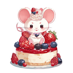 Cute Mouse Sitting on Berry Cake on Transparent Background