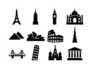 Fototapeta premium Famous Building Icons. Famous buildings. Solid icon set of famous buildings: Eiffel Tower, Empire State Building, Big Ben, Taj Mahal, Pyramids, Sydney Opera