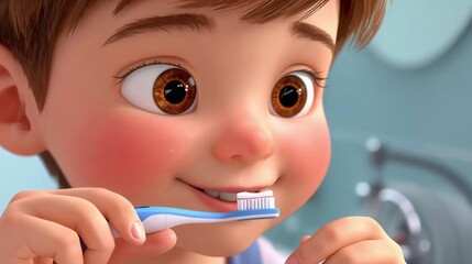 An adorable little girl with a cute smile and expressive eyes holds a toothbrush to her teeth during a fun moment of childhood care