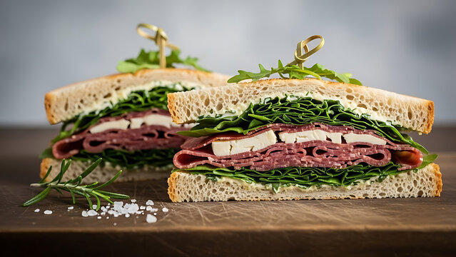 Gourmet Deli Meat Sandwich with Fresh Greens, Cheese, and Rosemary on a Wooden Board. Artisan Sourdough Bread with Salami and Herbs for a Nutritious and Healthy Mediterranean Lunch.