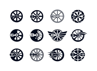 Biking Logo Variations. Biking. Icon set. Set Logo of biking: spinning wheel. harmonious logo variations of the same emblematic concept, each with different