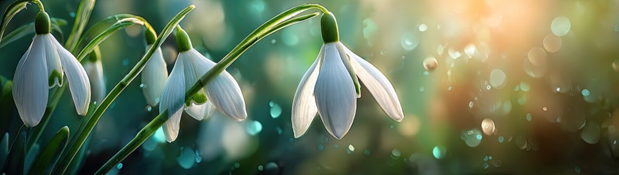 Close up of delicate snowdrop flowers in soft focus with bokeh background