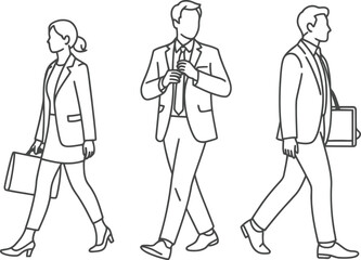 Three business professionals walking in line simple black and white illustration.