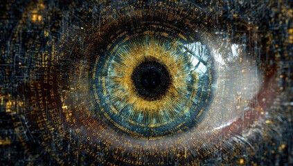 Close up of human eye with digital circuit pattern artificial intelligence