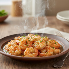 Steaming Garlic Butter Shrimp On Plate