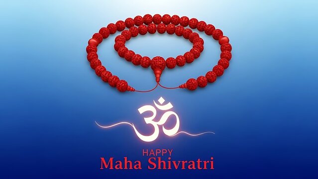 Red bead necklace forming an infinity symbol with Om symbol and Maha Shivratri text