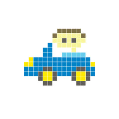 A flat pixel design made of geometric square color blocks on a clean icon layout. Pixel art car and driver