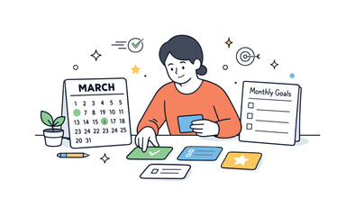 March Goal Setting. March planning and goal setting. Person organizing plans for the new month, arranging task cards and calendar pages marked for March. Calm