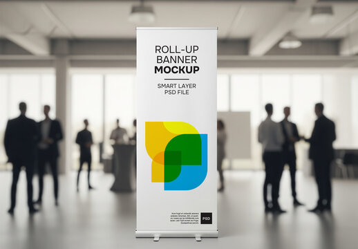 A roll-up banner in public area mockup