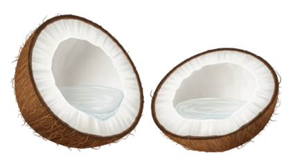 Two halves of a coconut with white interior and brown shell