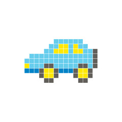 A flat pixel design made of geometric square color blocks on a clean icon layout. Pixel art car