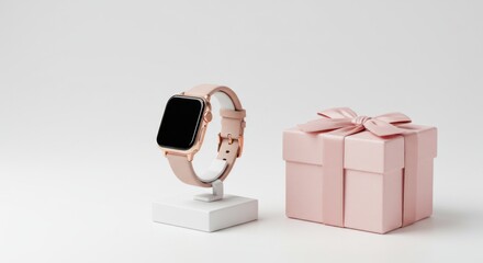 A smartwatch on a stand next to a pink gift box on a white background