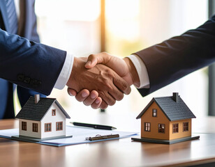 Businessmen shaking hands over house models.