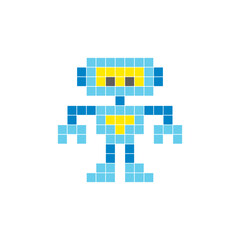 A flat pixel design made of geometric square color blocks on a clean icon layout. Pixel art robot