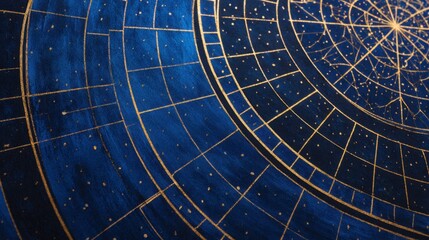 Golden radial rings sweep across a deep blue starry field, forming a celestial circular map of rings and star!
