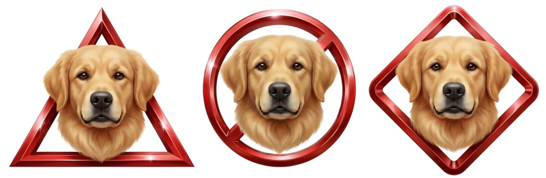 T&ecirc;tes de chiens Golden Retriever dans des cadres g&eacute;om&eacute;triques rouges m&eacute;tallis&eacute;s sur fond transparent