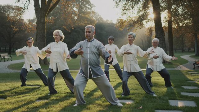 Diverse group of senior men and women practice tai chi in park at sunrise. Active elderly people doing morning exercises outdoors.