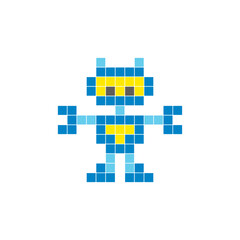 A flat pixel design made of geometric square color blocks on a clean icon layout. Pixel art robot