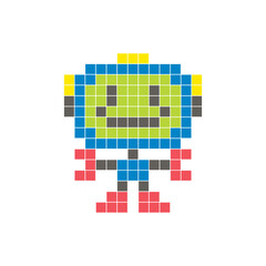 A flat pixel design made of geometric square color blocks on a clean icon layout. Pixel art robot