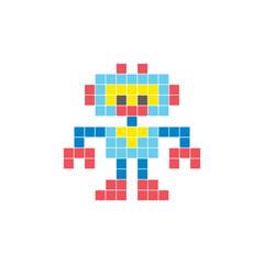 A flat pixel design made of geometric square color blocks on a clean icon layout. Pixel art robot