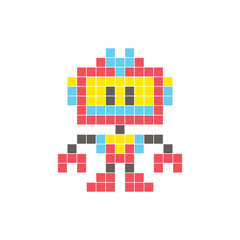 A flat pixel design made of geometric square color blocks on a clean icon layout. Pixel art robot