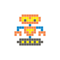 A flat pixel design made of geometric square color blocks on a clean icon layout. Pixel art robot