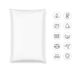 Vertical big heavy pillow bag mockup for potting soil with set icons for agriculture, gardening. Hight realistic illustration can be use for template your design, promo, adv. EPS10.