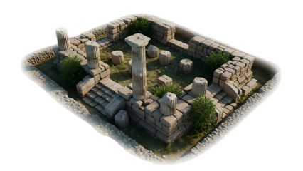 Ancient ruins with stone pillars and greenery