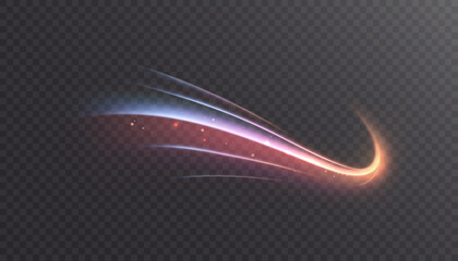 A long, smoothly rotating light beam in warm orange and cool blue tones, with a soft glow and a speed effect. Suitable for overlays in design and illustrations. Vector.	