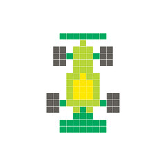 A flat pixel design made of geometric square color blocks on a clean icon layout. Pixel art race car