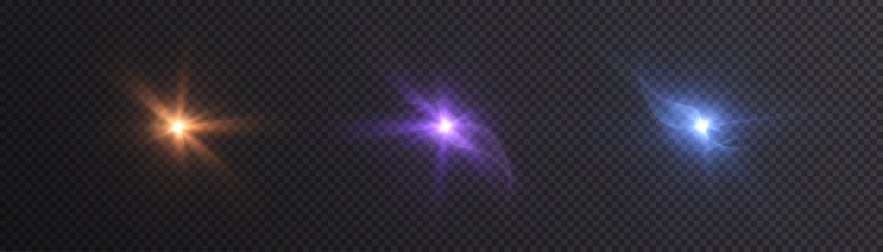 Set of three colourful lens flare stars in orange, purple and blue on a transparent background. Vector light glints for overlays, logo reveals, titles and UI highlights.