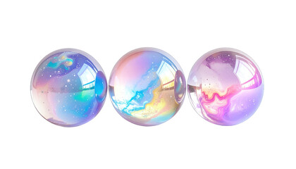 Three iridescent spheres float against a black background, with colorful ethereal designs