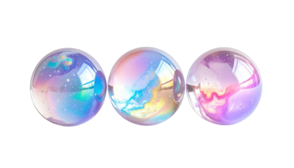 Three iridescent spheres float against a black background, with colorful ethereal designs