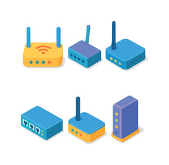 Obraz premium Colorful Device Array. Device. Isometric flat vector icons set of device: router, modem, network switch. Arrange all isometric objects in a single horizontal