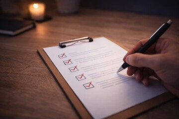 A Person Completing a Checklist on a Clipboard in a Cozy Setting with a Soft Candlelight Glow