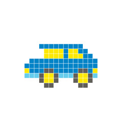 A flat pixel design made of geometric square color blocks on a clean icon layout. Pixel art car